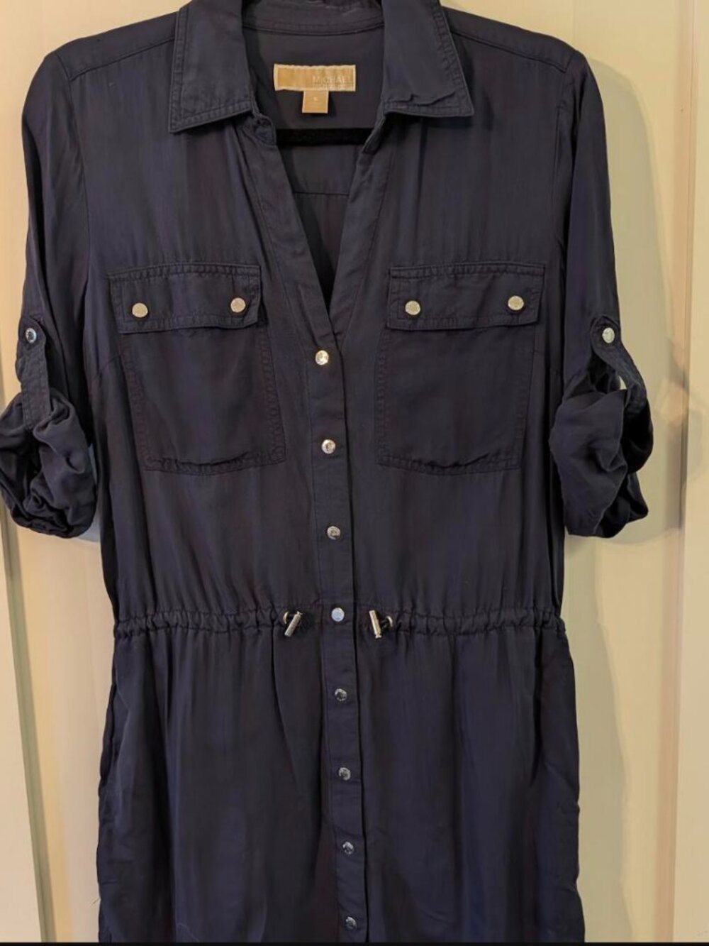 MICHAEL Michael Kors Navy Roll-Tab Sleeve Utility Shirt Dress Drawstring Waist S